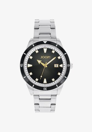 Edelstahlarmbanduhr mit schwarzem Zifferblatt, goldenen Akzenten und Datumsanzeige. Verfügt über eine schwarze Lünette und ein silbernes Gliederarmband.