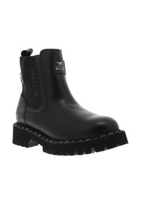 Bottine noire en matériau synthétique lisse, dotée d'une épaisse semelle en caoutchouc, d'un bout rond, de panneaux latéraux élastiques et d'une languette.