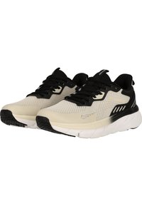 Lätta löparskor med ett mesh-överkard i beige och svart, med svarta snören, en vadderad vit sula och en texturerad gummiyttersula.