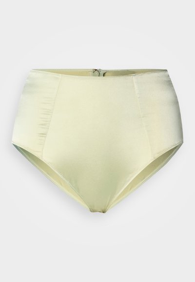 Kõrge vöökohaga bikiinipõhikast helekollasest satiinkangast, millel on sile tekstuur ja tagaküljel tõmblukk.