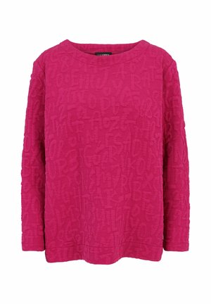Fuchsia Langarmshirt mit einem strukturierten Muster aus Buchstaben und Zahlen, rundem Halsausschnitt und lockerer Passform.