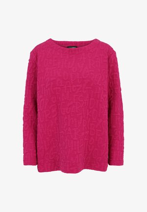 Fuchsia long-sleeve top featuring a textured pattern of letters and numbers, round neckline, and a loose-fit design.