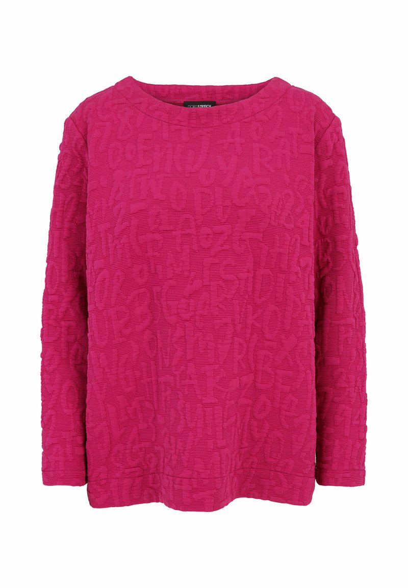 Fuchsia long-sleeve top featuring a textured pattern of letters and numbers, round neckline, and a loose-fit design.