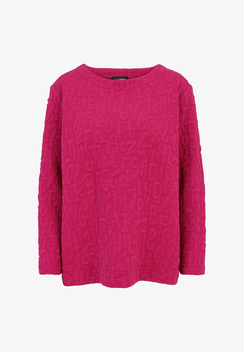 Fuchsia long-sleeve top featuring a textured pattern of letters and numbers, round neckline, and a loose-fit design.