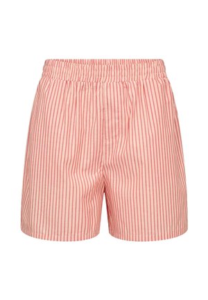 Pantaloncini a righe verticali rosa e bianche con una fascia elastica in vita, progettati per un uso casual.