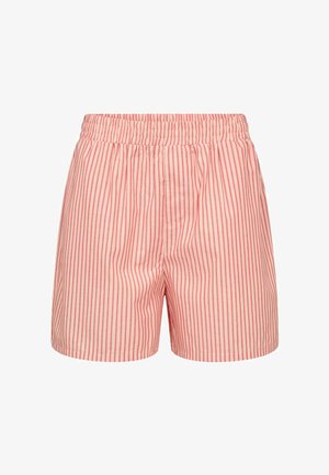 Ružové a biele vertikálne pruhované šortky s elastickým pásom, navrhnuté na bežné nosenie.