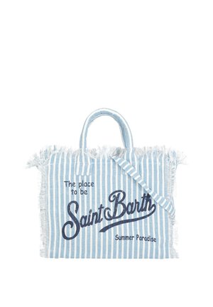 Borsa tote in tessuto a righe blu e bianche con bordi sfrangiati, doppi manici e scritta "The place to be Saint Barth Summer Paradise".