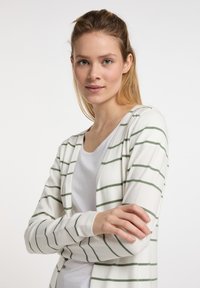 Bílý cardigan se zelenými horizontálními pruhy, s jemnouTexturou, dlouhými rukávy a otevřeným designem vpředu, vrstvený přes bílý top.