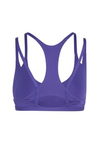 Brassière de sport violette avec fines doubles bretelles et dos nageur, vue de dos sur fond blanc.