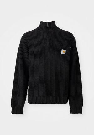 Crni rebrasti pleteni pulover s visokim ovratnikom, polu zip zatvaračem i malim džepom na prsima s logotipom. Dugi rukavi i teksturirani materijal.