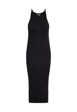 Robe en tricot noir à côtes avec une coupe moulante et sans manches, présentant un ourlet droit et un style minimaliste.