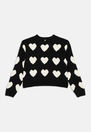 Pulover negru tricotat, cu modele albe de inimă dispuse uniform pe față, mâneci și umeri, cu decolteu rotund și mâneci lungi.