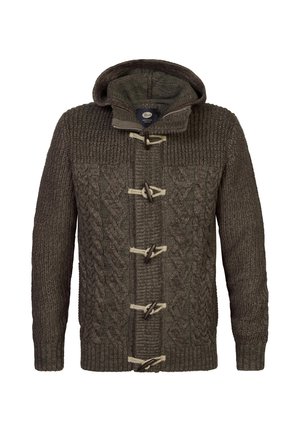 Olivgrüner gestrickter Cardigan mit Kapuze, der Zopfmuster, Holzknöpfe und gerippte Bündchen und Saum aufweist.