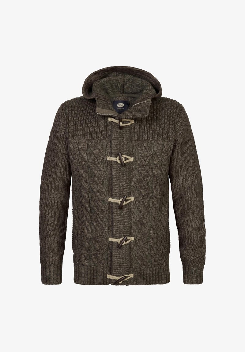 Cardigan tricoté en vert olive avec capuche, présentant des motifs en tricot torsadé, des fermetures en bois et des poignets et un ourlet côtelés.