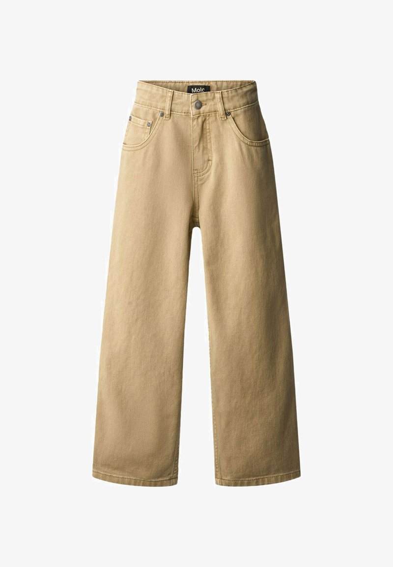 Pantalon beige à jambes larges avec poches avant, passants de ceinture, fermeture à bouton et étiquette de marque visible sur la ceinture intérieure.