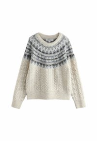 Fehér, kötött pulóver kerek nyakkivágással, díszes szürke mintás vállrésszel és texturált kábel kötésű törzzsel.