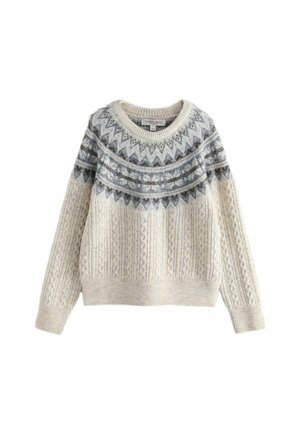 White knitted sweater with a round neckline, featuring a decorative grey patterned yoke and textured cable knit body.