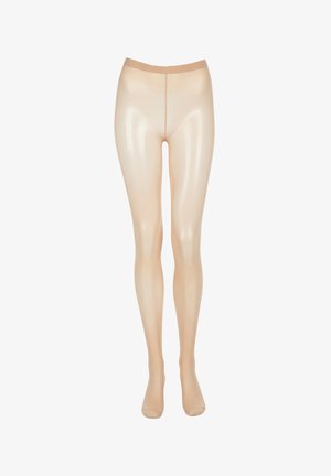 Collants beige transparents avec ceinture renforcée et pointe renforcée, présentés de face sur un fond blanc.