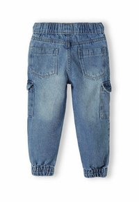 Light blue denim cargo pants featuring an elastic waistband, two back pockets, and elastic cuffs at the ankles.