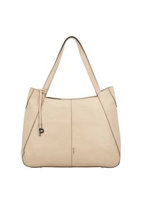 Beige leather tote bag with two long straps, accented by dark stitching and a small metallic brand detail. Soft, smooth texture.