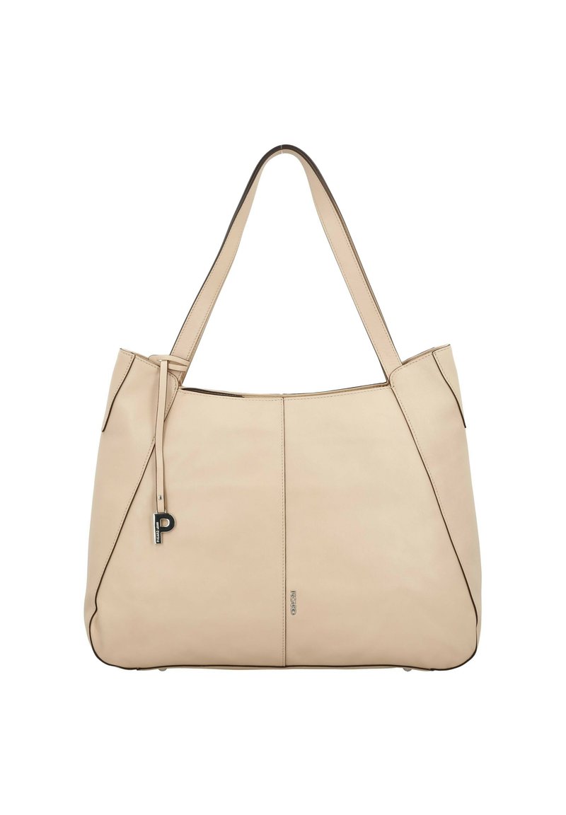 Beige leather tote bag with two long straps, accented by dark stitching and a small metallic brand detail. Soft, smooth texture.