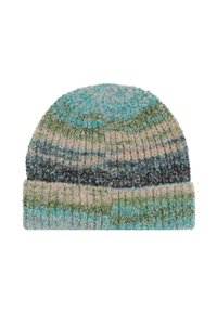 Cappello a berretto lavorato a maglia multicolore con righe in teal, verde, grigio e beige. Texture a coste con risvolto alla base.