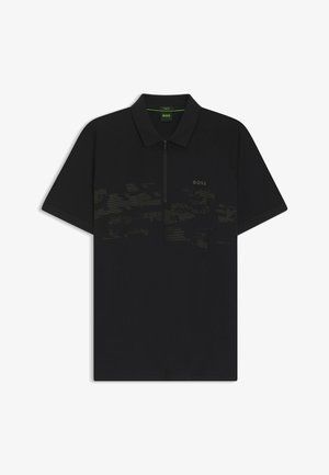 Black short-sleeve polo shirt with zipper collar, subtle textured horizontal pattern across chest, and small "BOSS" logo on the left side.