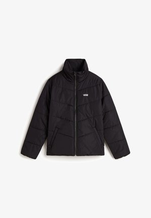 Chaqueta negra acolchada de Vans con cremallera completa frontal, cuello alto, bolsillos laterales y logo en el pecho izquierdo.