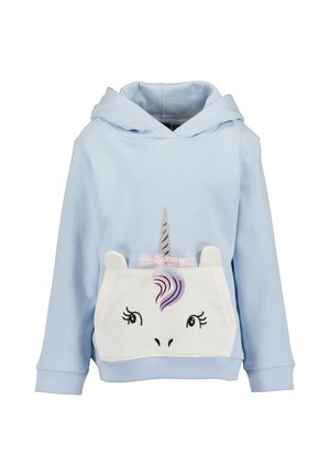 Jasnoniebieska dziecięca bluza z kapturem z przednią kieszenią, na której znajduje się biała twarz jednorożca, srebrny róg, fioletowa grzywa i małe materiałowe uszy.