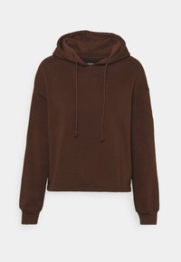 Brown hooded sweatshirt made of soft fabric, featuring a drawstring and long sleeves with fitted cuffs, cropped length, and minimal design.
