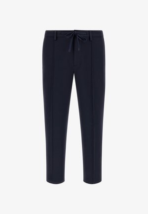 Tumši zili, vidēja pacēluma bikses ar aukliņu jostā, divām priekšējām kabatām un gludu auduma apdari ar priekšējiem krokām.