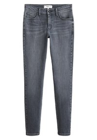 Jeans ajustados en denim gris oscuro, con un clásico diseño de cinco bolsillos, pasadores para cinturón y un cierre de botón en la cintura. Textura suave.