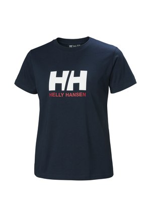 Camiseta de algodón azul marino con un gráfico blanco del logo "HH" y "HELLY HANSEN" en rojo. Cuello redondo y mangas cortas. Corte clásico.