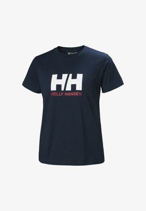 Camiseta de algodón azul marino con un gráfico blanco del logo "HH" y "HELLY HANSEN" en rojo. Cuello redondo y mangas cortas. Corte clásico.