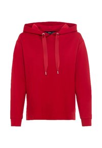 Czerwony bawełniany hoodie z przednią kieszenią, długimi rękawami i kapturem ze sznurkiem. Gładka faktura, luźny krój, z metalowymi końcówkami na sznurkach.