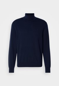 Dunkelblaues Rollkragenpullover aus weichem, gestricktem Stoff; verfügt über lange Ärmel und ein dezentes Logo auf der Brust; schlankes Design.