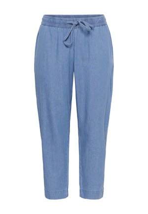 Pantalon décontracté bleu clair avec taille élastique et cordon noué, coupe ample et chevilles repliées.