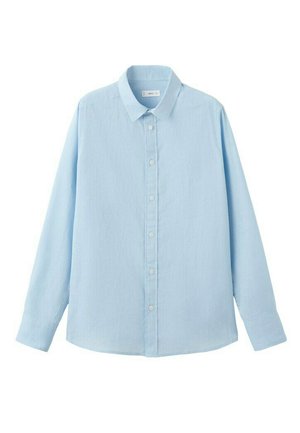 Camicia azzurro chiaro a maniche lunghe con collo, bottoni bianchi sul davanti e orlo dritto.