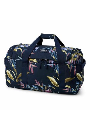 Borsa da viaggio blu scuro con motivo di foglie tropicali colorate, doppie maniglie con presa, tasca frontale con cerniera e scomparti laterali.
