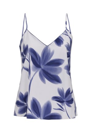 Camisole blanche sans manches avec fines bretelles et grands motifs floraux aquarelle bleus.
