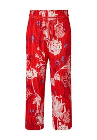 Pantalon plissé rouge avec une taille élastique et un cordon de serrage ; présente des motifs floraux blancs et bleus sur l'ensemble. Tissu léger.