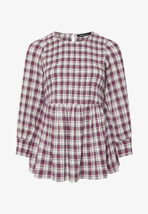 Blommefarvet og hvidt ternet top med lange ærmer, indsamlet talje og nøglehul bagside detaljer. Lavet af letvægtsstof med en afslappet pasform.