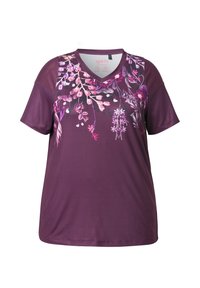 Camiseta deportiva púrpura con estampado floral en rosa y blanco, diseño de pico, mangas cortas y textura suave y lisa.