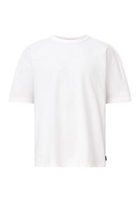 T-shirt bianco a maniche corte in cotone, con collo rotondo, vestibilità ampia e orlo cucito. Senza pattern o grafiche visibili.