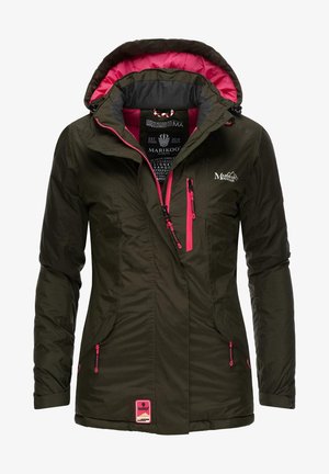 Olive green padded jacket with a pink-lined hood, front zipper, and multiple zipper pockets. Features logo and adjustable drawstrings.