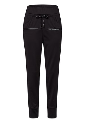 Black joggers with an elastic waistband, drawstring, and zippered pockets; smooth fabric and cuffed ankles; "KEEP GOING MOVE ON" text detail.