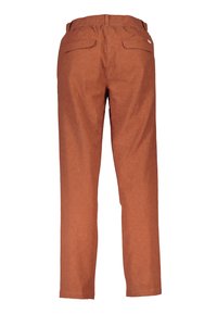Roestkleurige, lichte linnen broek met een elastische tailleband, twee achterzakken en een rechte pijp.