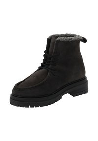 Bottines en daim gris foncé avec une doublure en fourrure grise texturée, semelle en caoutchouc noir plat et design à lacets.