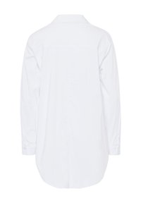 White long-sleeve shirt featuring a button-down collar, curved hem, and cuffed sleeves. Made from a smooth, lightweight fabric.