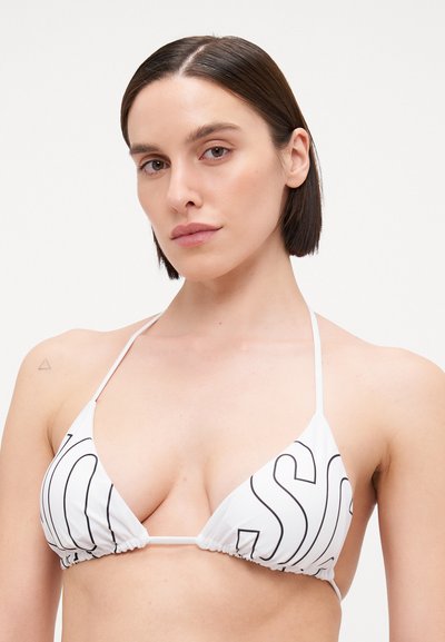 White triangular bikini top with black lettering, thin straps, and gathered fabric at the edges. Soft texture, minimal coverage design.